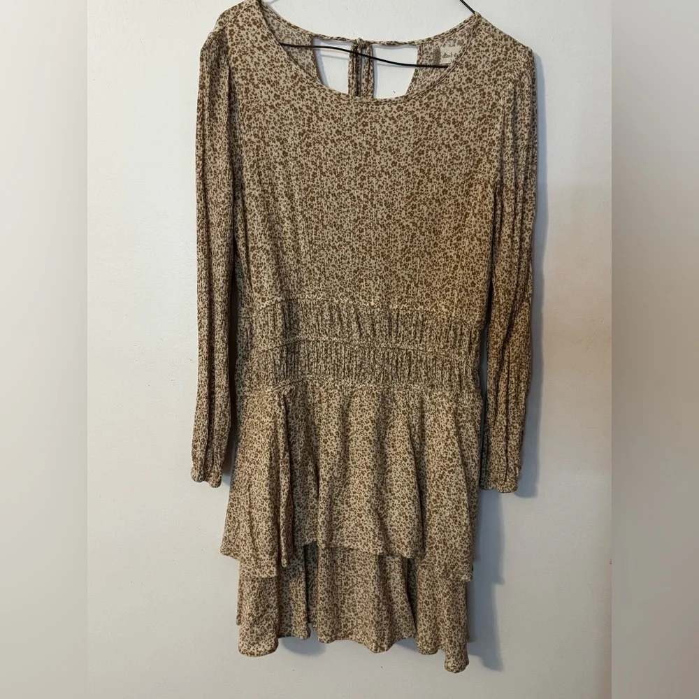 Altar'd State Dress Brown Animal Print Long Sleeve Ruffle Size L EUC - Picture 2 of 5